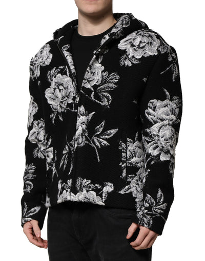 Dolce & Gabbana Black Wool Floral Printed Men Hooded Jacket