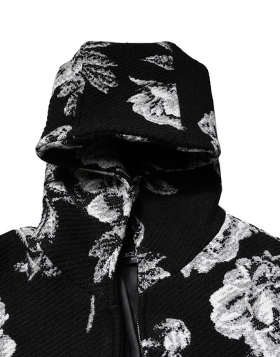Dolce & Gabbana Black Wool Floral Printed Men Hooded Jacket