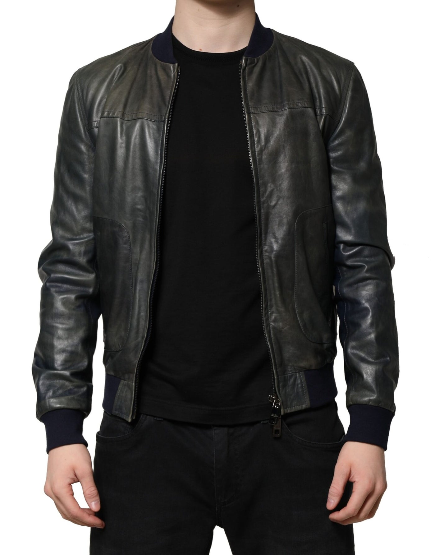 Dolce & Gabbana Black Lambskin Leather Biker Full Zip Jacket