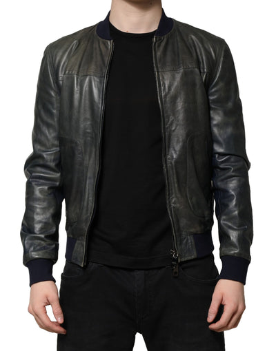 Dolce & Gabbana Black Lambskin Leather Biker Full Zip Jacket