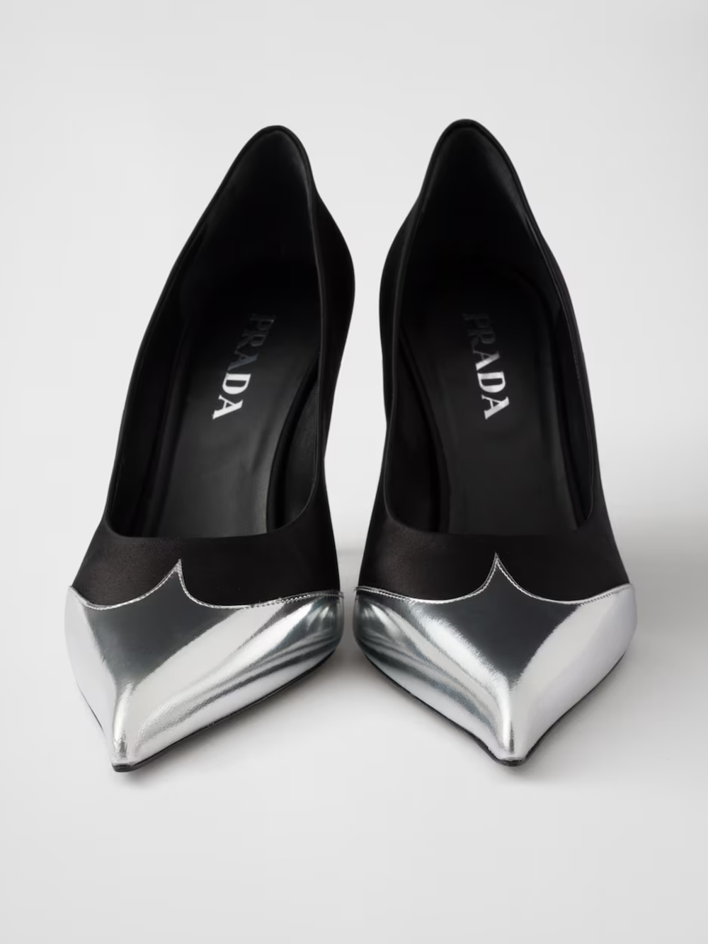 Prada Black Satin And Metallic Silver Leather Pumps
