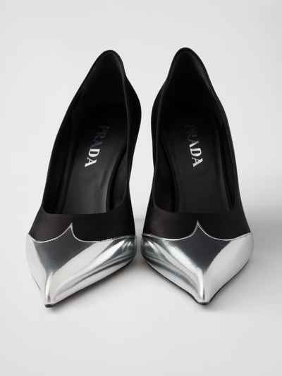 Prada Black Satin And Metallic Silver Leather Pumps