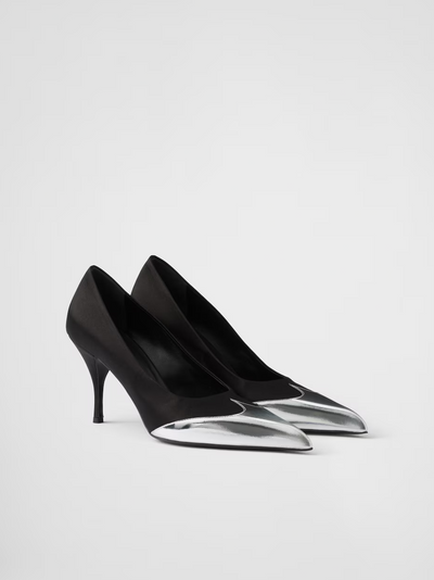 Prada Black Satin And Metallic Silver Leather Pumps