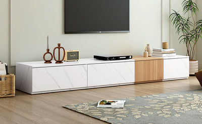 ON-TREND TV Stand with Faux Marble and Walnut Wood Grain Finish for TVs up to 88'', Modern Free-Combination Entertainment Center with 4 Storage Drawers for Living Room, White