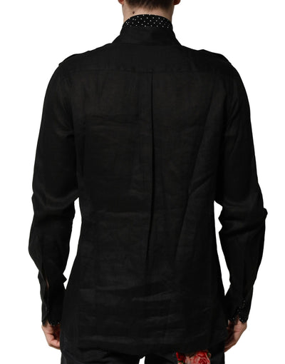Dolce & Gabbana Black Polka Dot Collar Tie Neck Casual Shirt