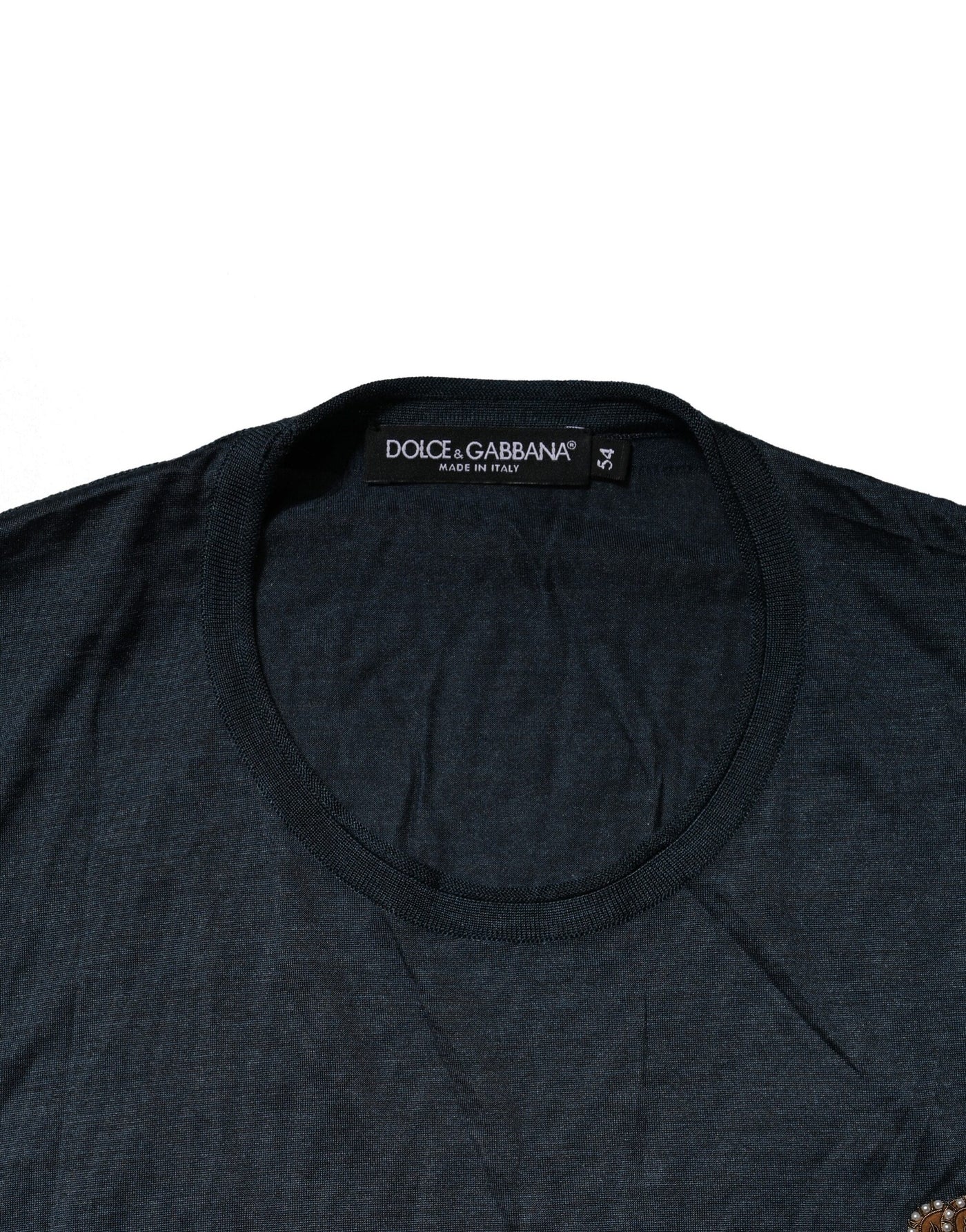 Dolce & Gabbana Dark Blue Silk Logo Patch Crew Neck T-shirt