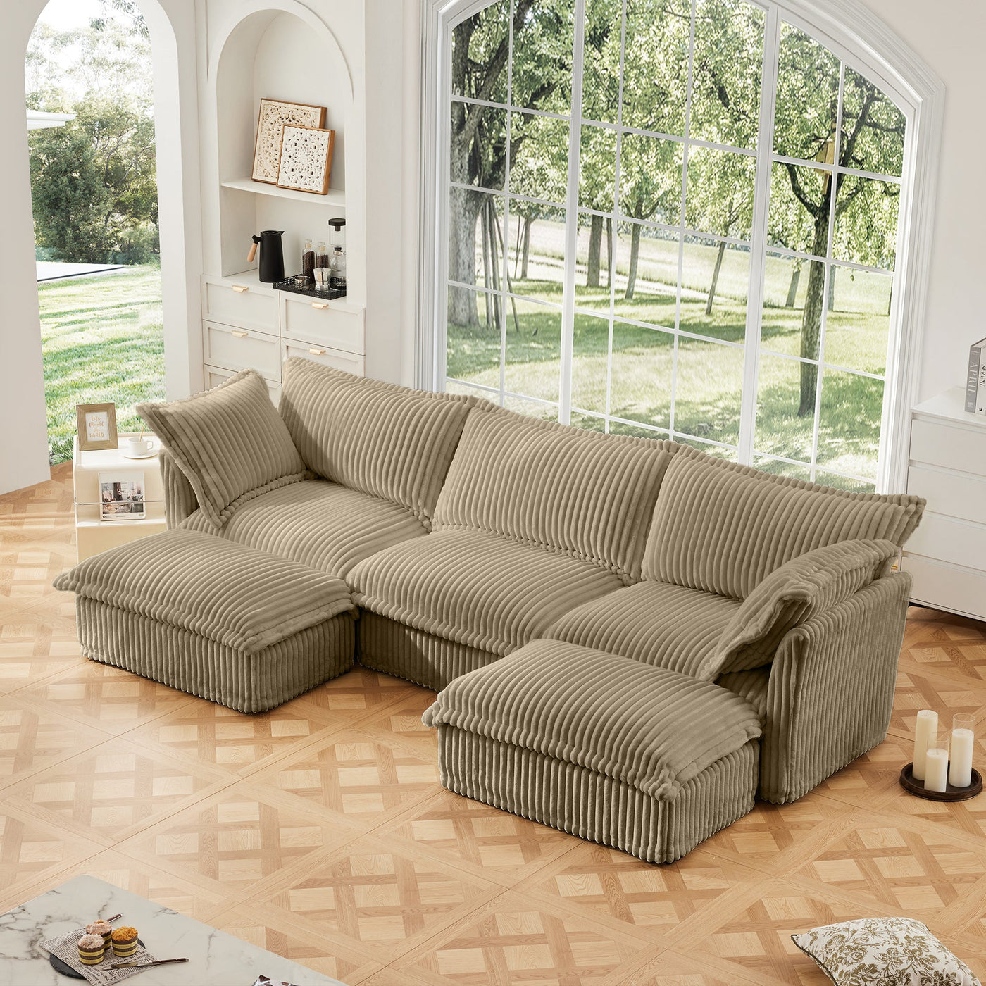 Slipcovered U Shape Sectional Deep Seat Sofa Couch, 3 Seater Sofa with French Edges Design Multiple Big Pillows, Modular Deep Seat Sectional Sofa Comfy Cloud Couch for Living Room, Apartment, Camel