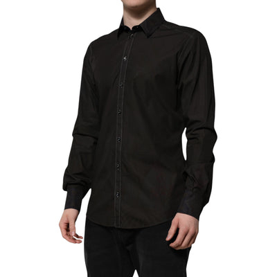 Dolce & Gabbana Black Cotton Jacquard GOLD Collar Dress Shirt