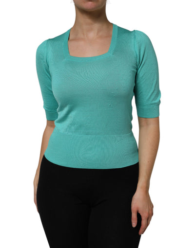 Dolce & Gabbana Aqua Blue Silk Short Sleeves Square Neck Top