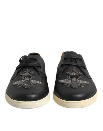 Dolce & Gabbana Black Leather Bee Crown Low Top Sneakers Shoes