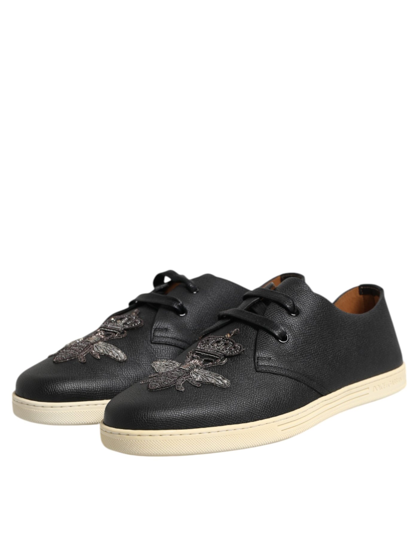 Dolce & Gabbana Black Leather Bee Crown Low Top Sneakers Shoes