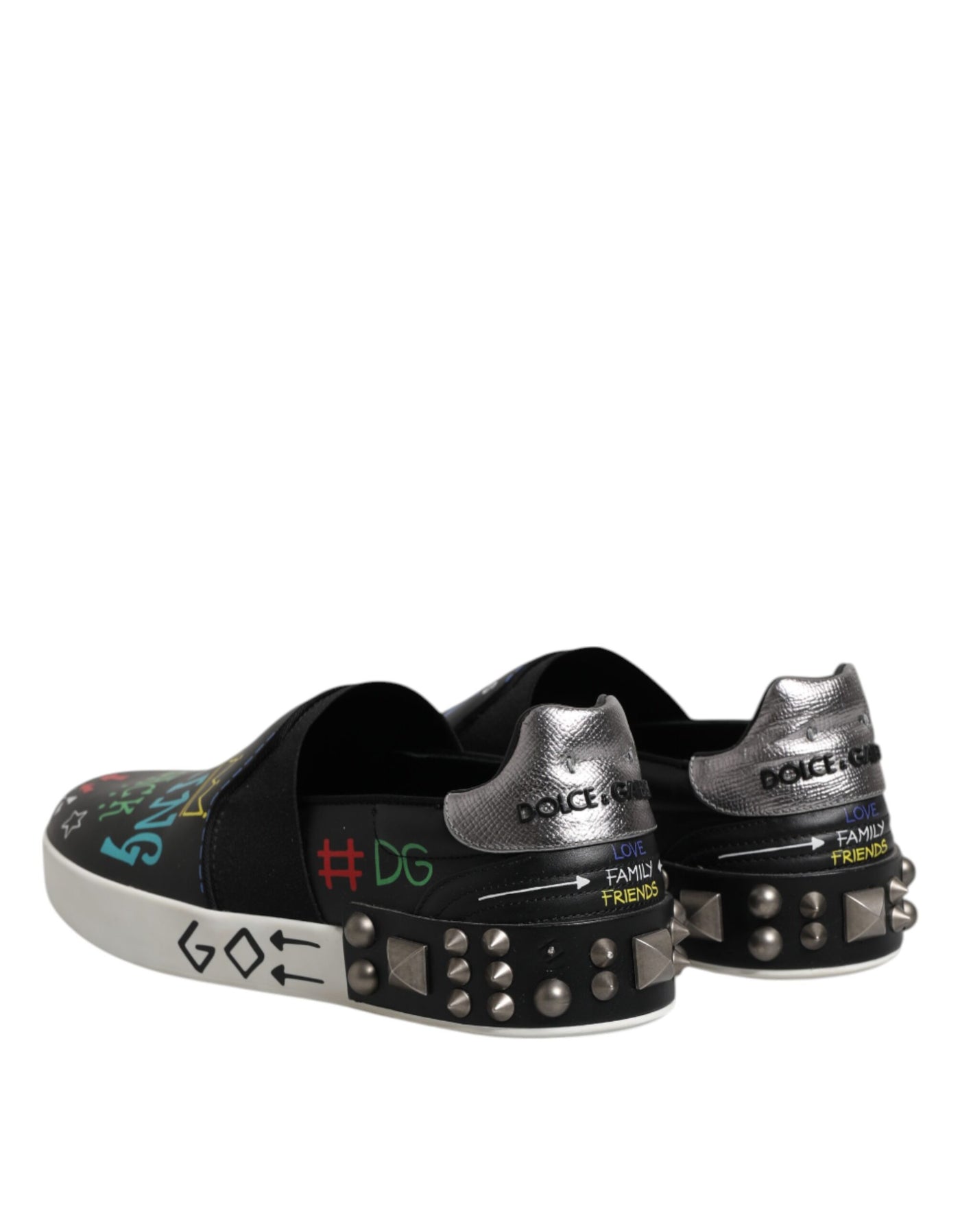 Dolce & Gabbana Black Leather Studded Graffiti Sneakers Shoes