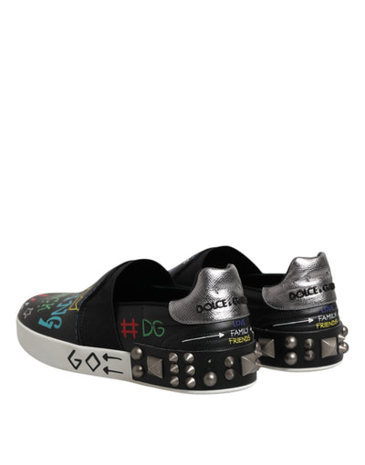 Dolce & Gabbana Black Leather Studded Graffiti Sneakers Shoes