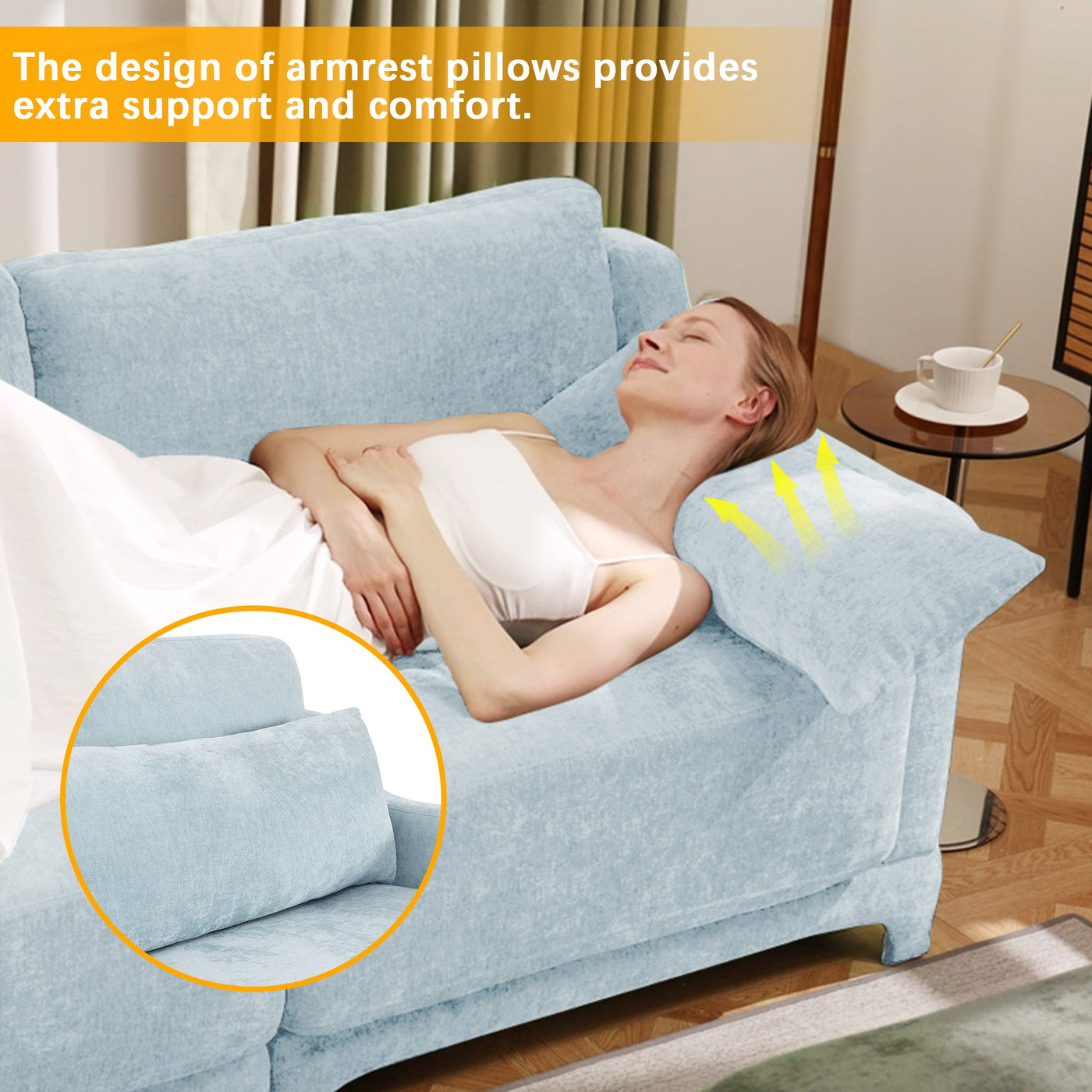 Stylish Four-Seater Sofa with Movable Ottoman in Sky Blue Chenille Fabric with Ergonomic Design