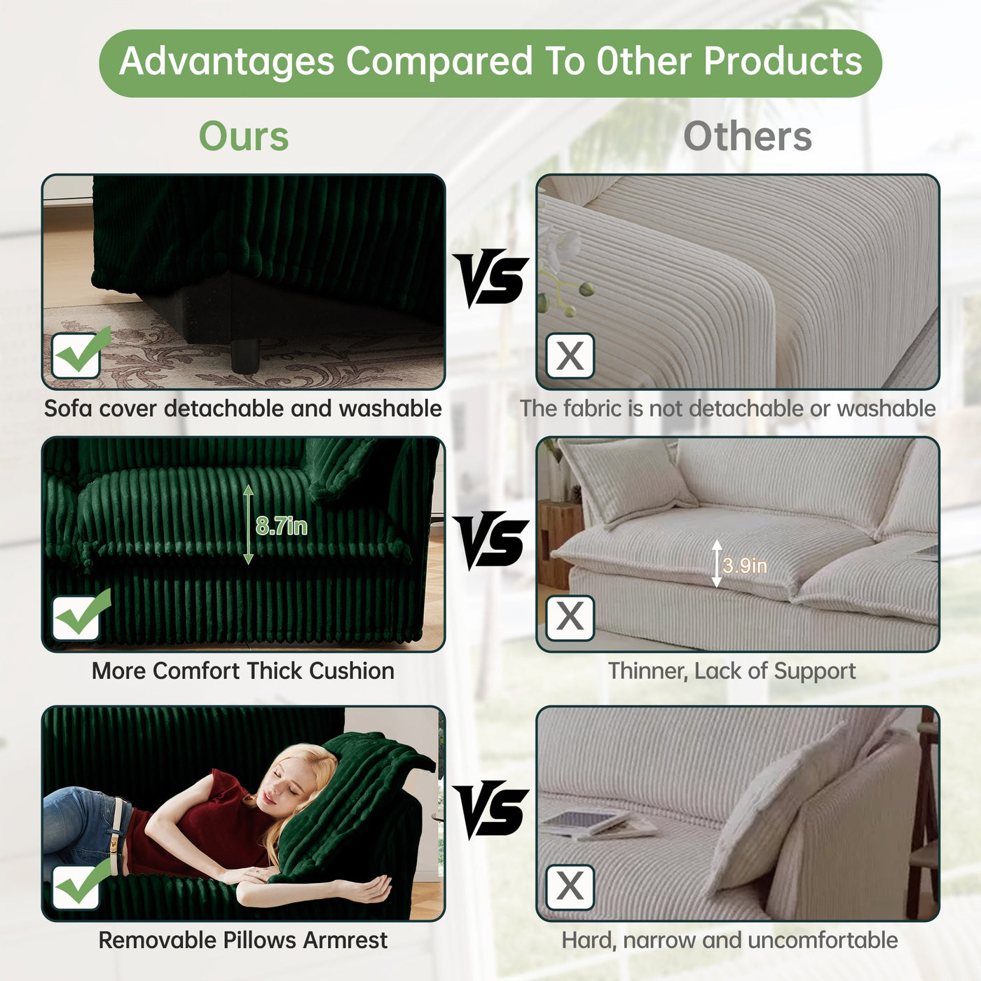 Modern Slipcovered 2-Seat Sofa Couches for Living Room, 2 Seater Sofa, Corduroy Deep Seat Sofa with Upholstered Cushion&Detachable Cover, Comfy Sofa Couch for Small Space, Apartment, Green Corduroy
