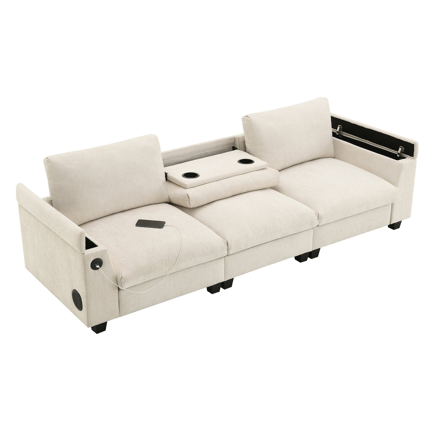Chenille Sectional Sofa with Bluetooth Speaker, Comfy Cloud Couch Set with Drop Down Table, Cup Holders, USB Charger, Storage Armrest, Wide Seat, 96*35''