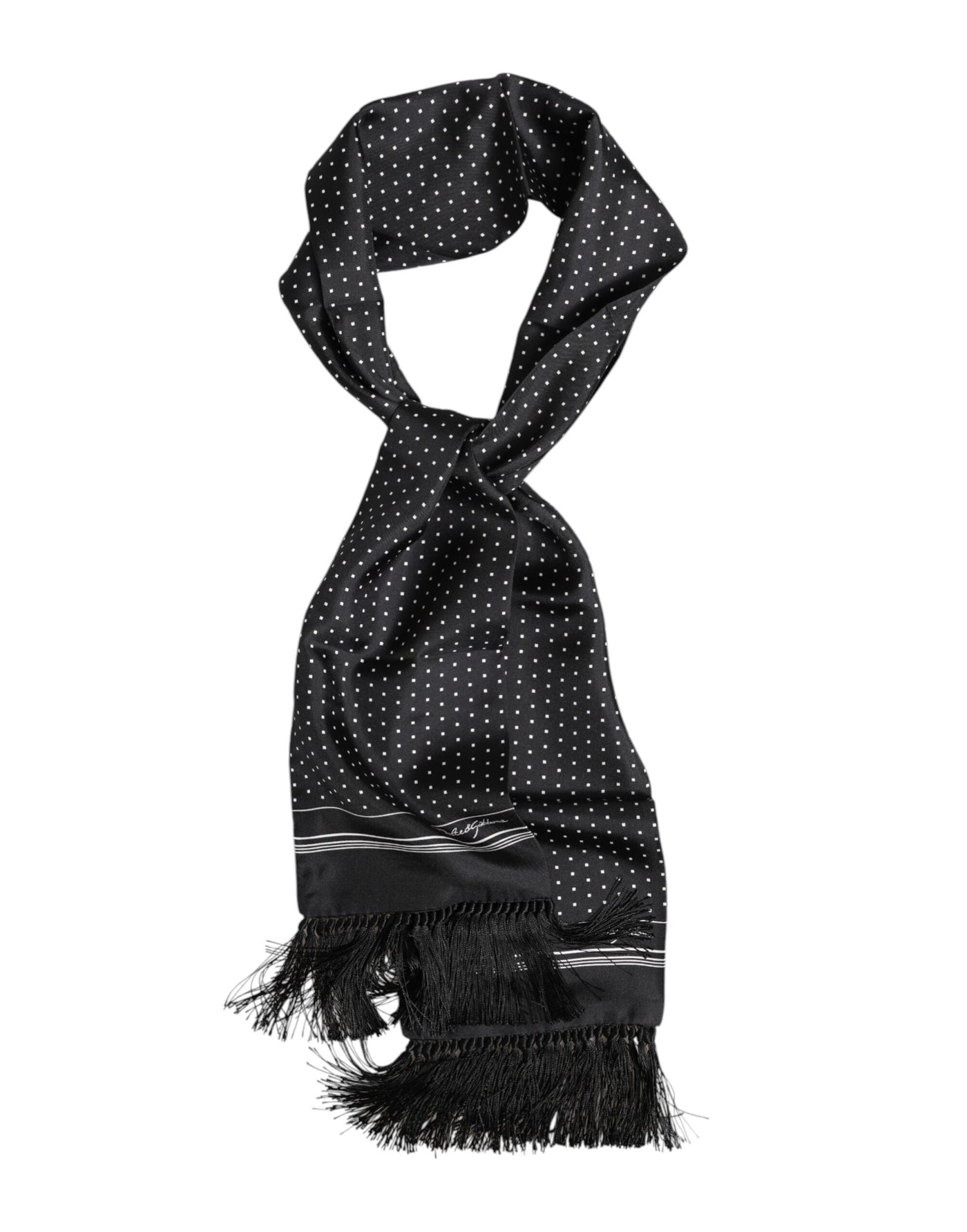 Dolce & Gabbana Black White Polka Dot Fringes Foulard Scarf
