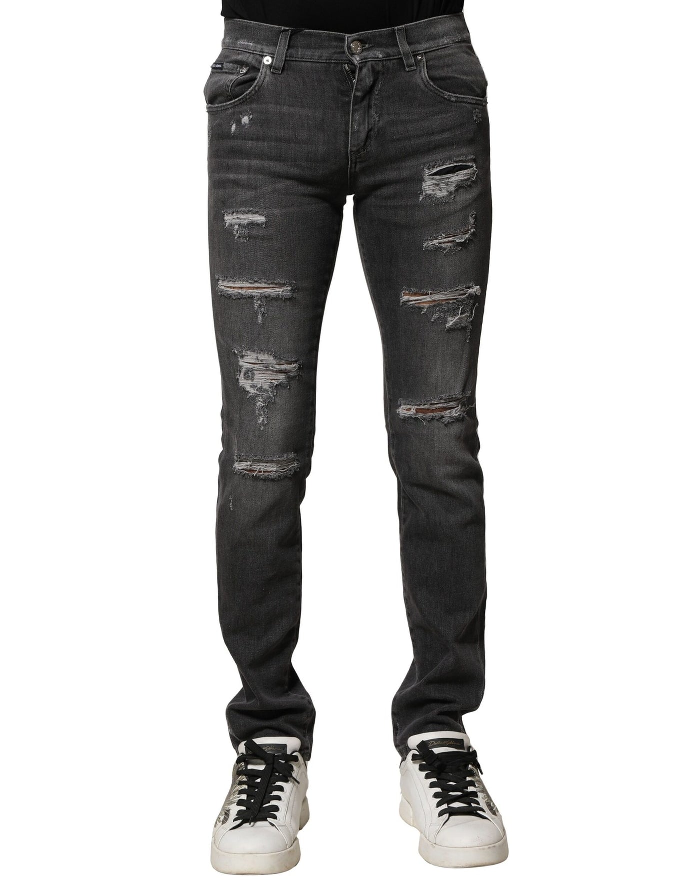 Dolce & Gabbana Black Washed Tattered Slim Fit Denim Jeans