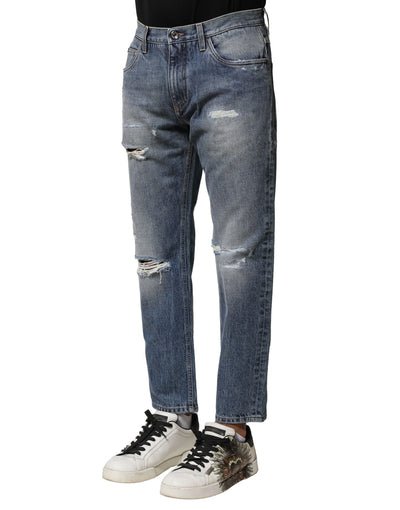 Dolce & Gabbana Blue Washed Tattered Straight Fit Denim Jeans