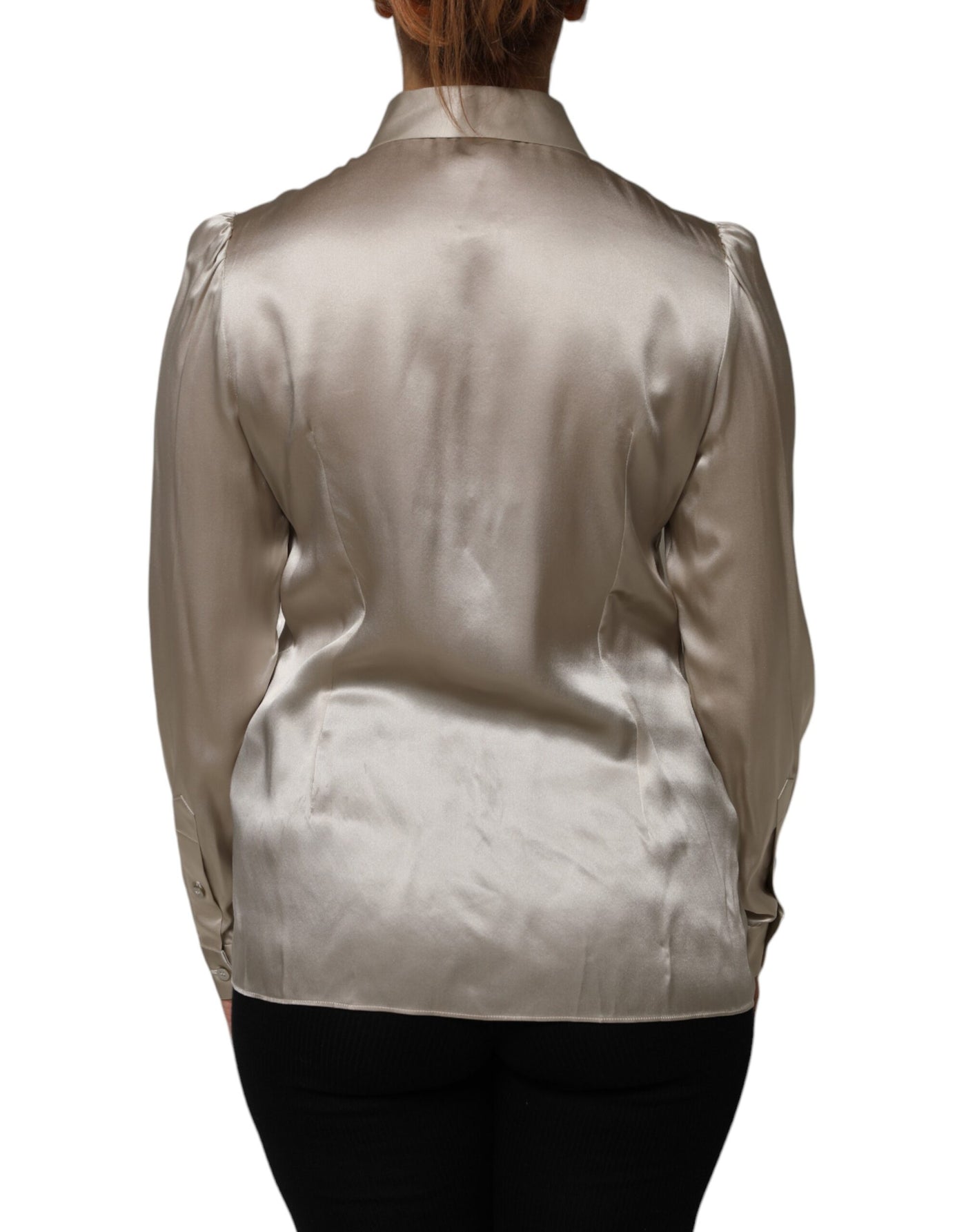 Dolce & Gabbana Beige Satin Silk Collared Long Sleeves Top