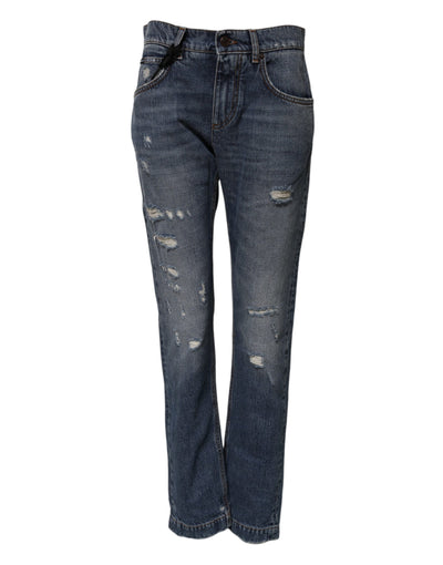 Dolce & Gabbana Blue Cotton Tattered Boyfriend Denim Jeans