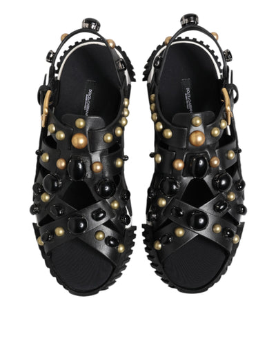 Dolce & Gabbana Black Leather Studded Ankle Strap Sandals Shoes