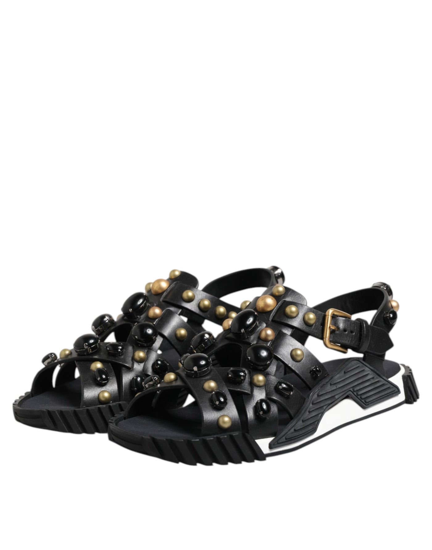 Dolce & Gabbana Black Leather Studded Ankle Strap Sandals Shoes