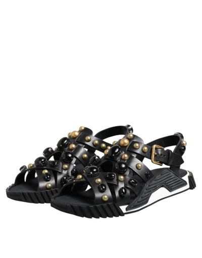 Dolce & Gabbana Black Leather Studded Ankle Strap Sandals Shoes