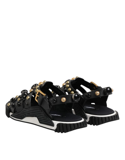 Dolce & Gabbana Black Leather Studded Ankle Strap Sandals Shoes
