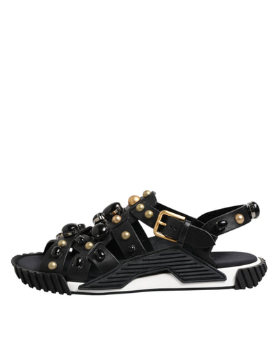 Dolce & Gabbana Black Leather Studded Ankle Strap Sandals Shoes