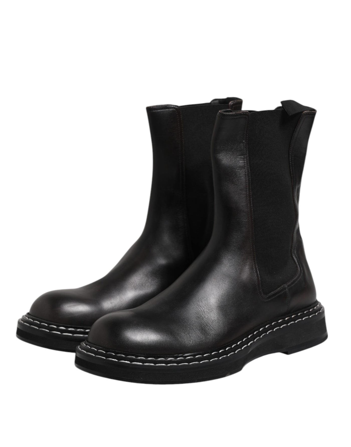 Dolce & Gabbana Black Leather Mid Calf Boots Flats Shoes