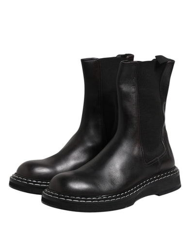 Dolce & Gabbana Black Leather Mid Calf Boots Flats Shoes