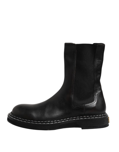 Dolce & Gabbana Black Leather Mid Calf Boots Flats Shoes