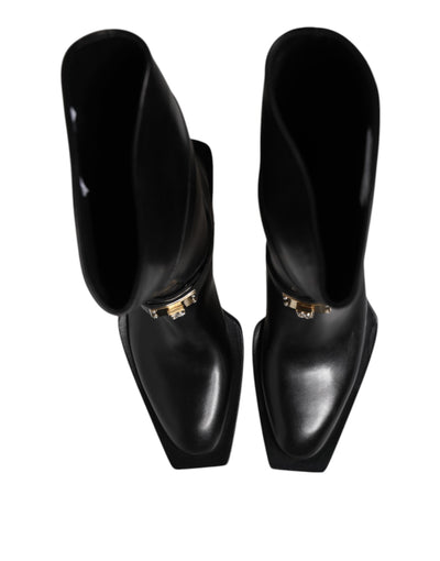 Dolce & Gabbana Black Leather High Boots Flats Shoes