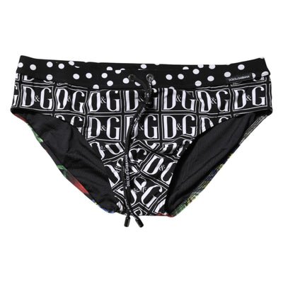 Dolce & Gabbana Black Floral Logo Beachwear Men Brief Swimwear