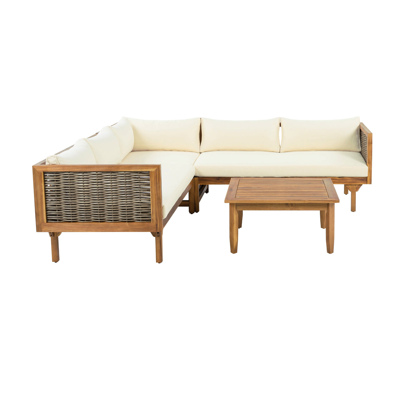 Premium Outdoor Sofa Set with Waterproof Cushions in Beige - Sectional Seating Group with Acacia Wood and Wicker