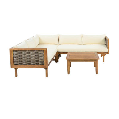 Premium Outdoor Sofa Set with Waterproof Cushions in Beige - Sectional Seating Group with Acacia Wood and Wicker
