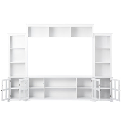 [VIDEO provided] ON-TREND Minimalism Entertainment Wall Unit with Bridge, Modern TV Console Table for TVs Up to 70', Multifunctional TV Stand with Tempered Glass Door, White (Old SKU: SD000009AAK)