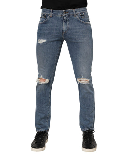 Dolce & Gabbana Blue Cotton Tattered Skinny Logo Denim Jeans
