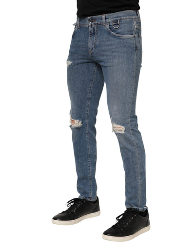 Dolce & Gabbana Blue Cotton Tattered Skinny Logo Denim Jeans
