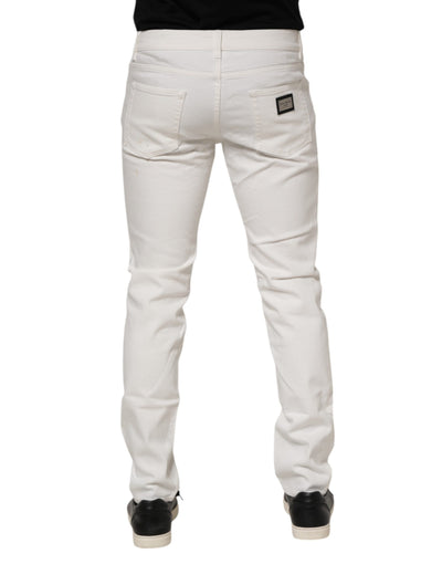 Dolce & Gabbana White Cotton Logo Plaque Slim Fit Denim Jeans