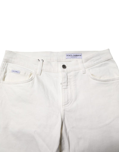 Dolce & Gabbana White Cotton Logo Plaque Slim Fit Denim Jeans
