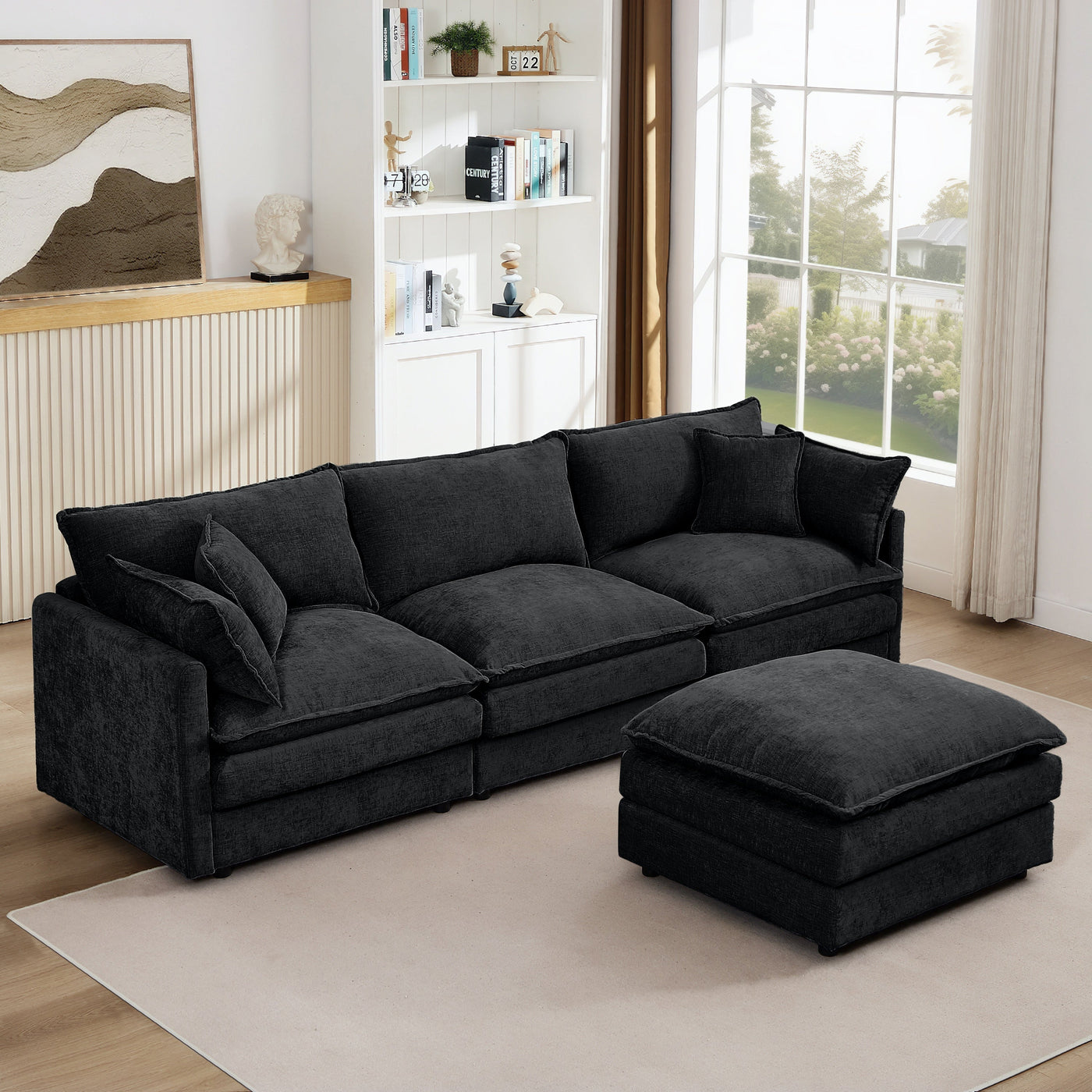 Modular Sectional Sofa, 105 Inch L Shaped Couch Set, Comfy Cloud Couches with Movable Ottoman, Black Chenille