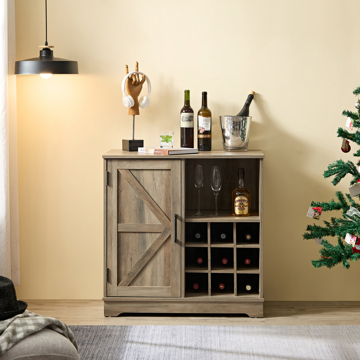 Wine Bar Cabinet for Liquor and Glasses, Farmhouse Coffee Bar, Cabinet with Wine Rack Barn Door Buffet Sideboard Cabinet with Drawer, Adjustable Storage Shelves, 31.5'*15.75'*31.5'Gray Wash