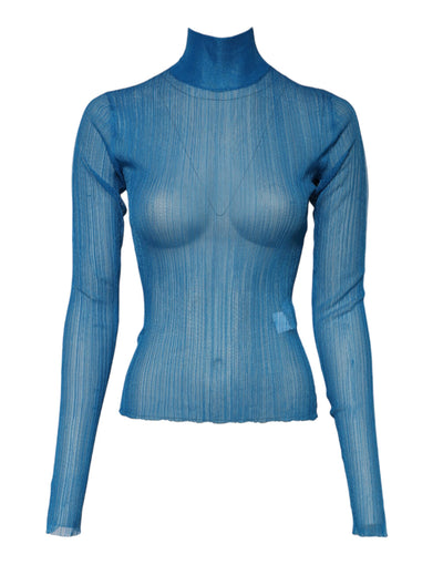 Dolce & Gabbana Blue See Through Turtleneck Long Sleeves Top