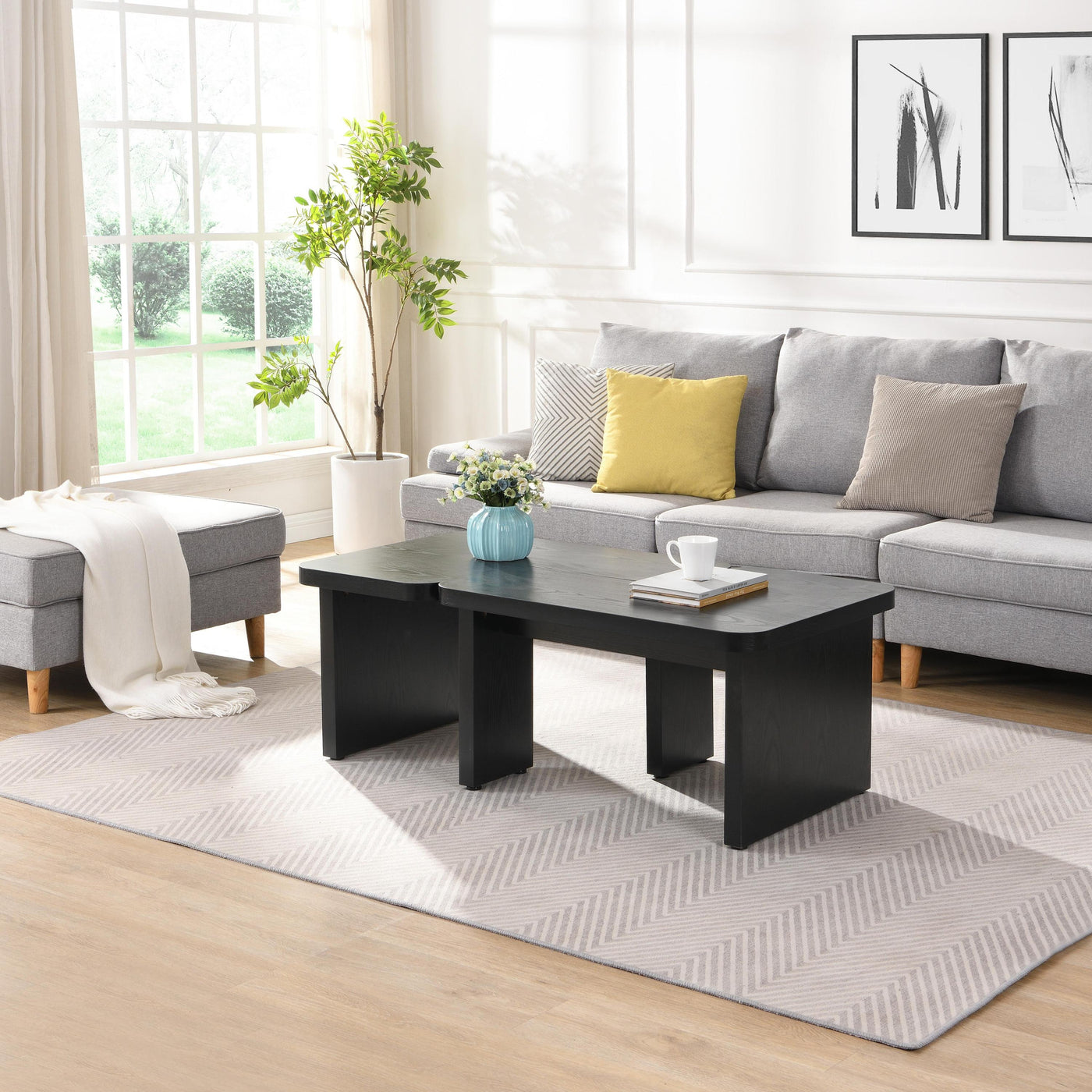 47.24*23.62 inch and 35.43*31.49 inch Rectangle Wood Detachable Coffee Table, Single L Shape Farmhouse Coffee Table for Dining Room, Garden, black