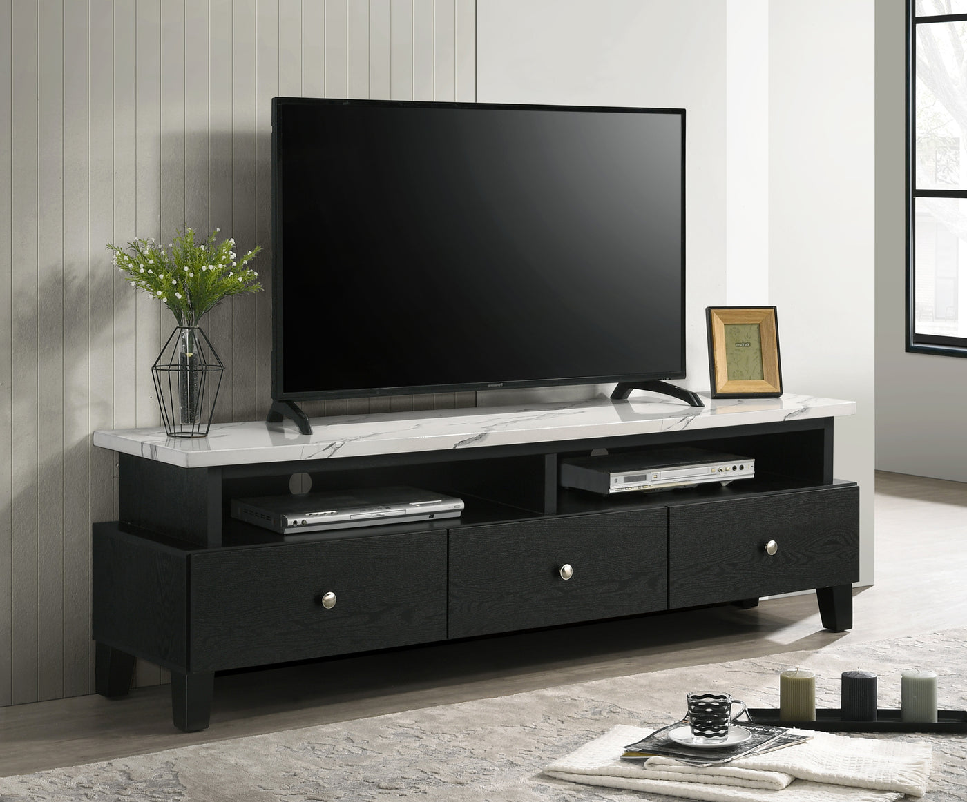 1pc Modern Sleek White Finish Faux Marble Accents Silver-tone Legs TV Stand Console Living Room Furniture