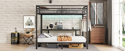 Queen Over Twin XL Metal Bunk Bed/Loft Bed with Desk and Shelves, Multiple Uses Folds into Sofa with LED and USB, Black