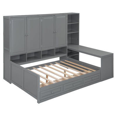 Full Size Wooden Daybed With Three Drawers, and All-in-One Cabinet, Desk and Shelves, Gray