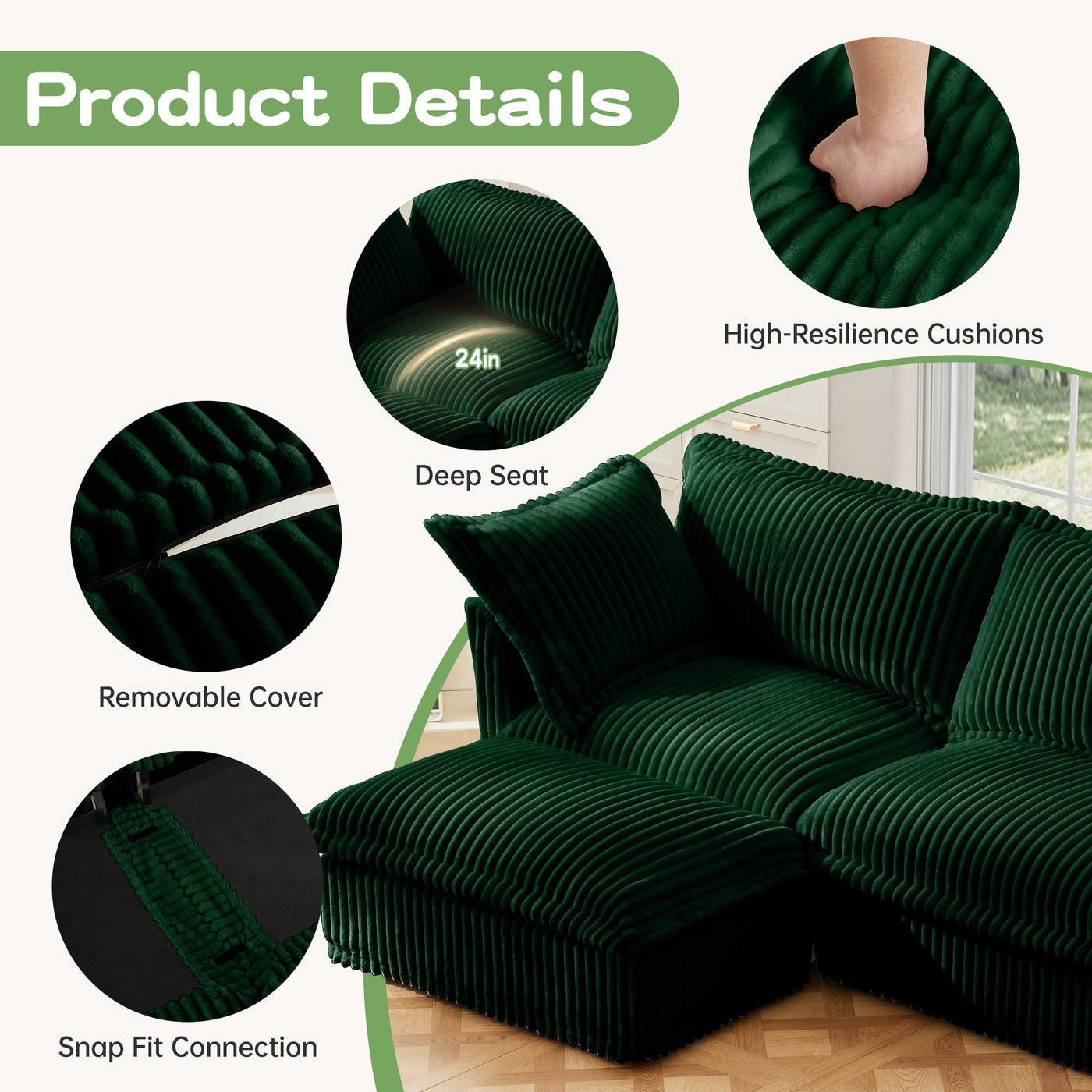 Modern Slipcovered 2-Seat Sofa Couches for Living Room, 2 Seater Sofa, Corduroy Deep Seat Sofa with Upholstered Cushion&Detachable Cover, Comfy Sofa Couch for Small Space, Apartment, Green Corduroy